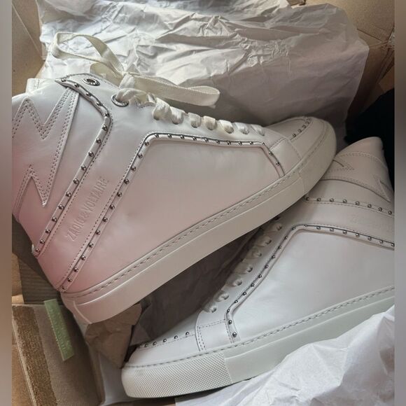 NIB Zadig & Voltaire high flash smooth high top sneakers silver studs 41 - Picture 3 of 12
